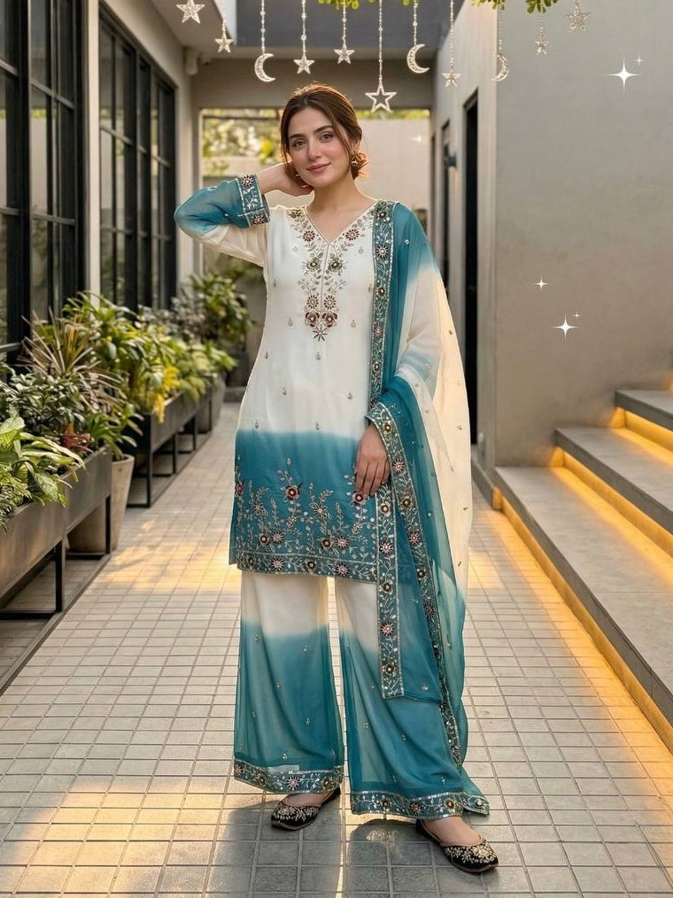 Heavy Dual Tone Peding Star Georgette Top Plazzo Dupatta Set (Sky Blue)