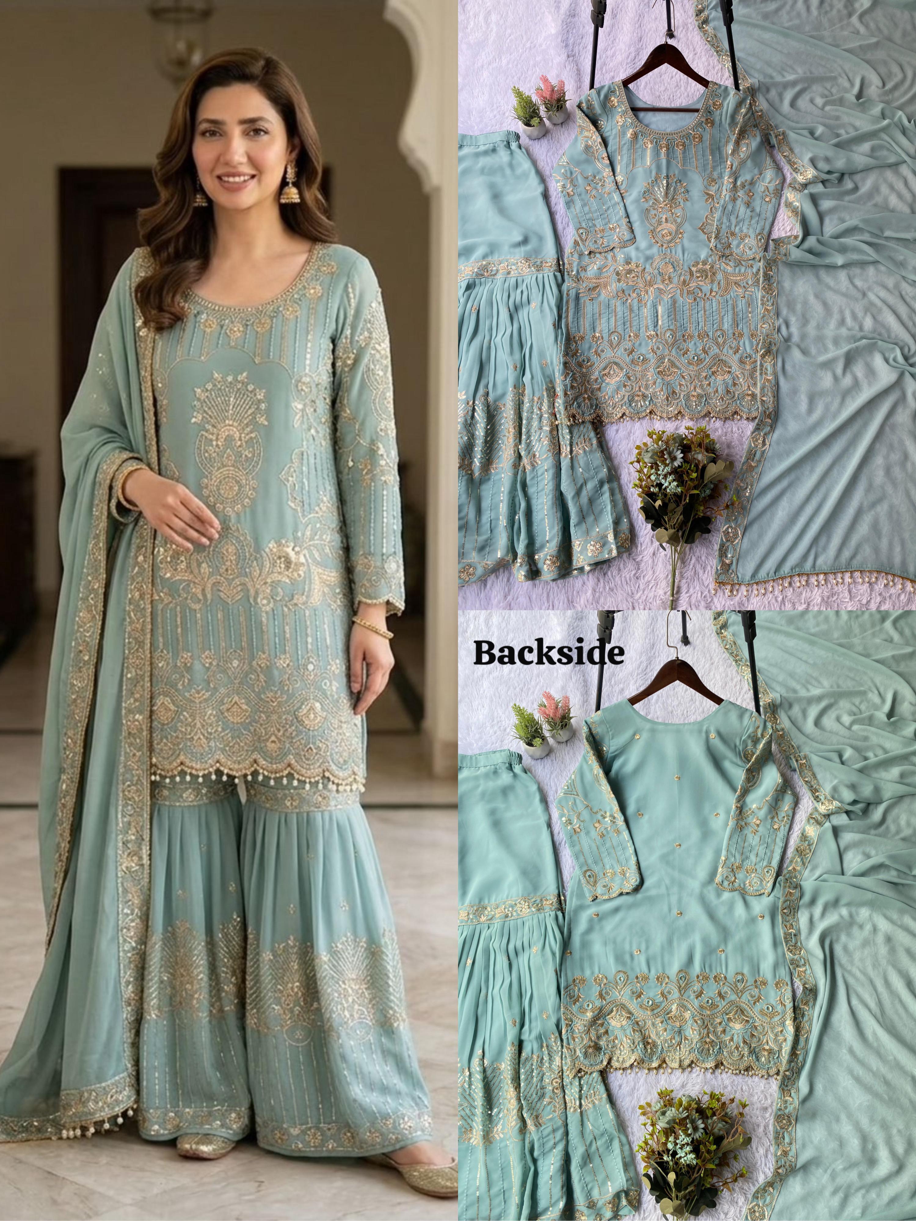 Premium Sequence Georgette Top Plazzo Dupatta Set