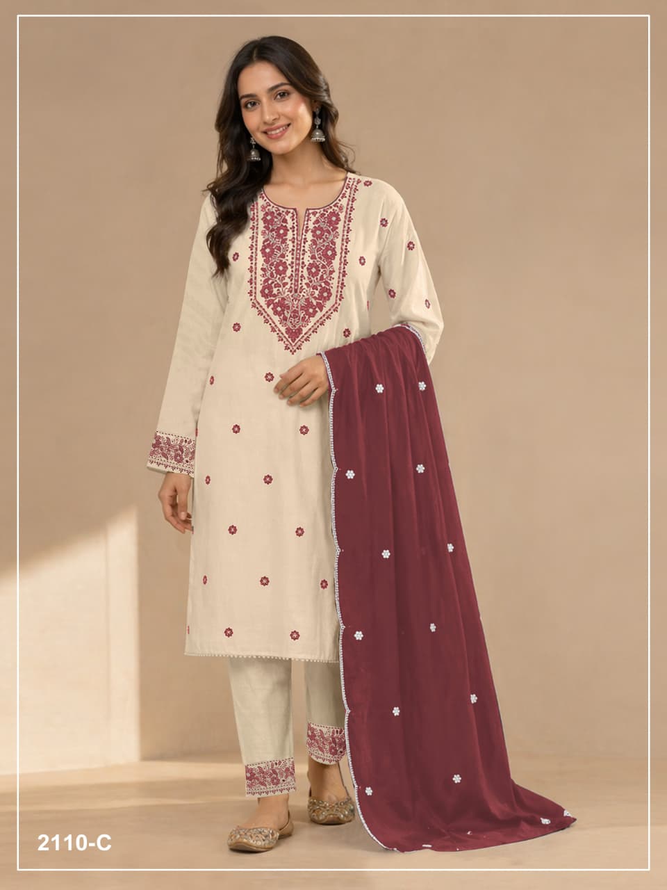 Heavy Khadi Cotton With Sequence Embroidery Stich Work (Semi Stitched)