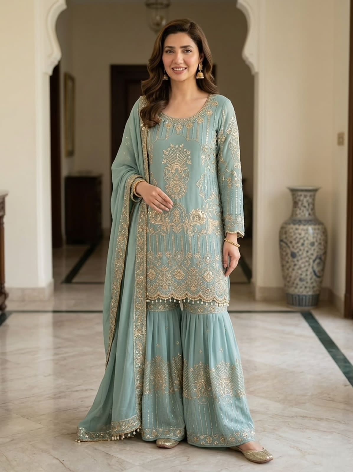Premium Sequence  Georgette Top Plazzo Dupatta Set