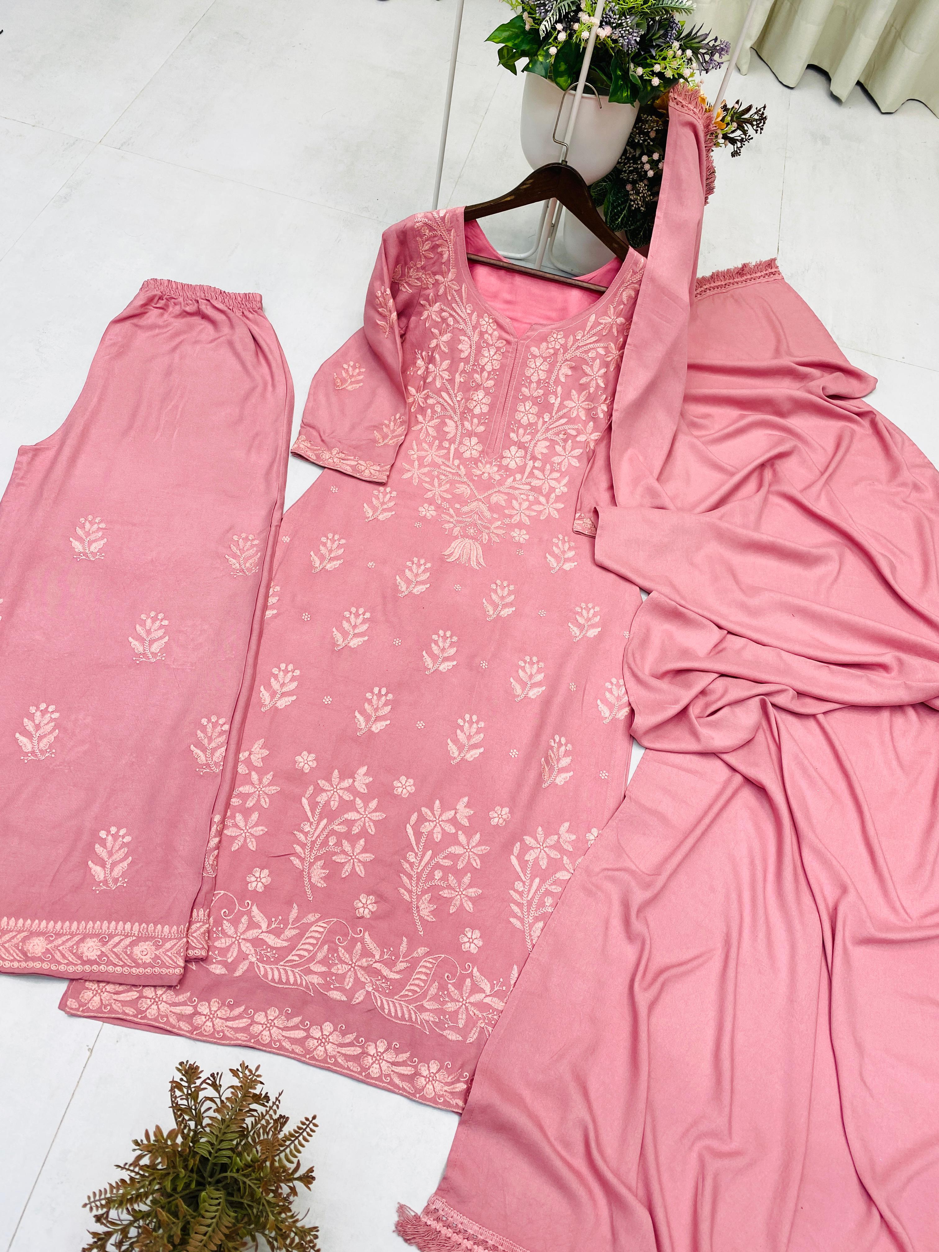 Exclusive And Comfortable For Regular Wear Kurta Plazzo And Dupatta With Embroidery Work