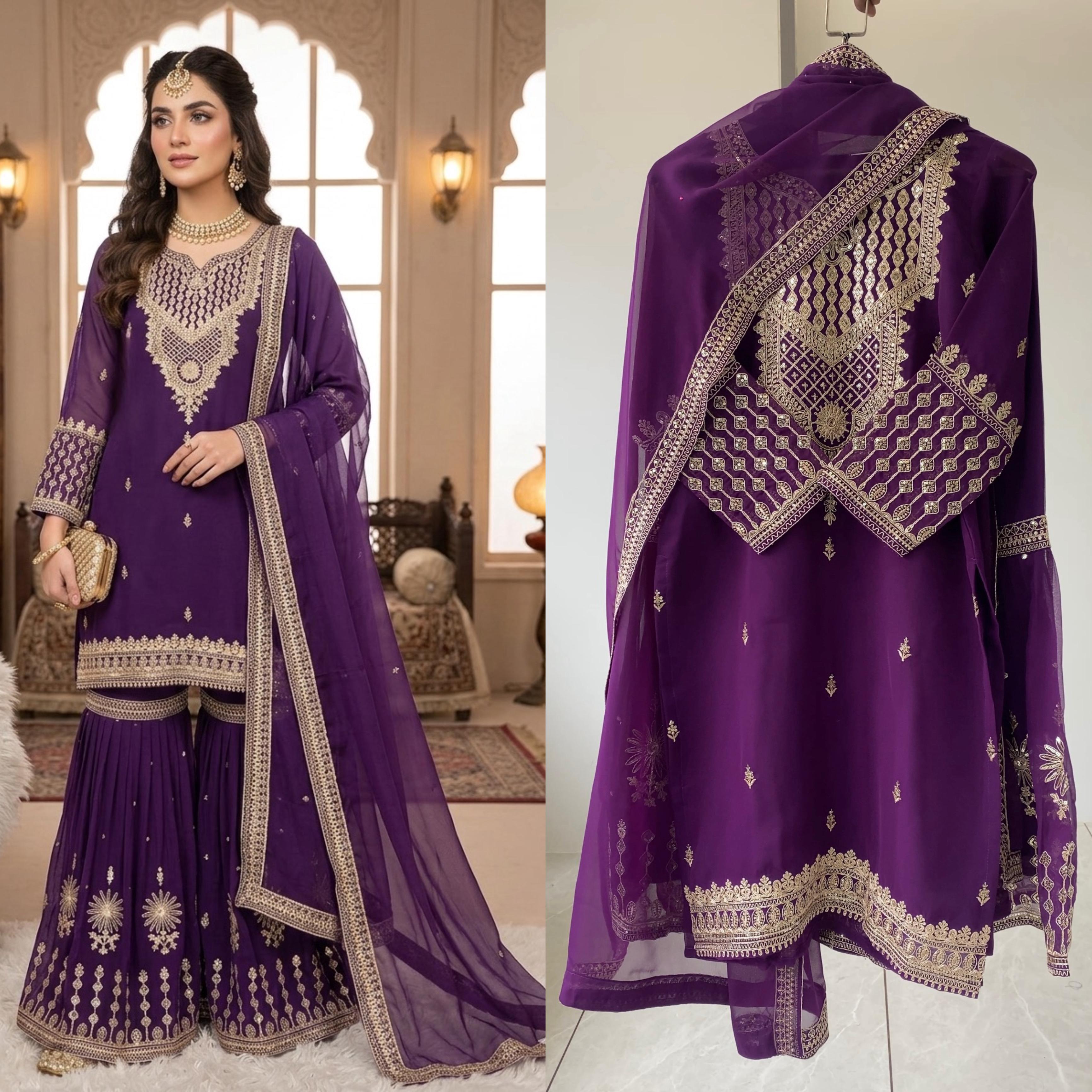 Wedding Wear Our Three Piece Outfit With Cording Sequence Embroidered (Purple)