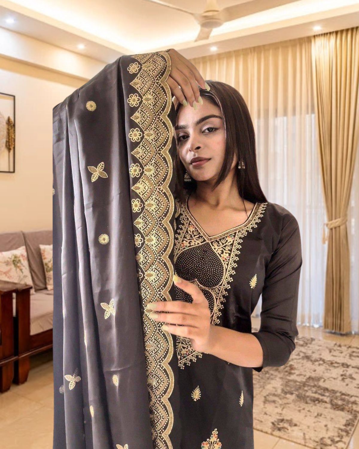 PURE MALAY SATIN SILK with embroidery with Diamond work