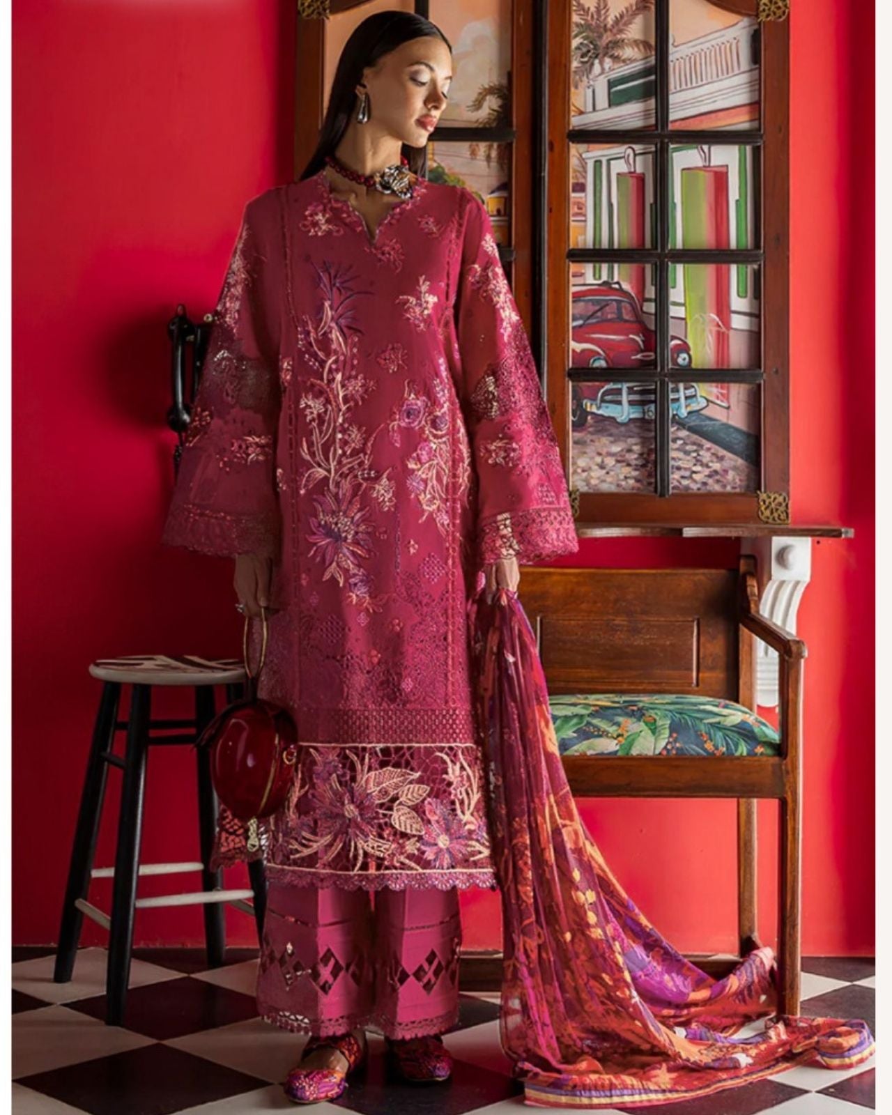 Exclusive And Comfortable Pakistani Style Cotton With Chikankari Embroidered Work (Red)